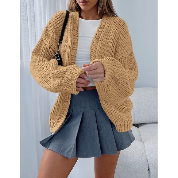 Womens Trendy Cardigan Sweaters Khaki Long Sleeve Chunky Knit Outfits - Picture 6 of 8